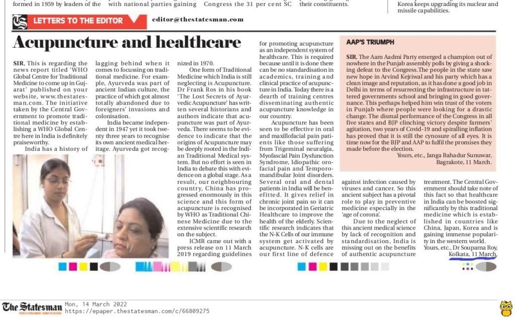 Souparna Roy's views on the importance of acupuncture in India's Healthcare delivery system and its recognition by the Central Government as an independent Healthcare system.