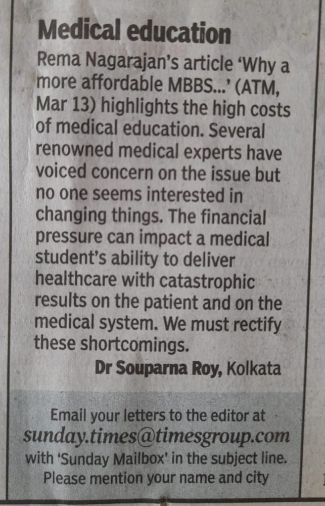 Dr Souparna Roy's views on how and why the private medical education costs should be monitored and brought down.